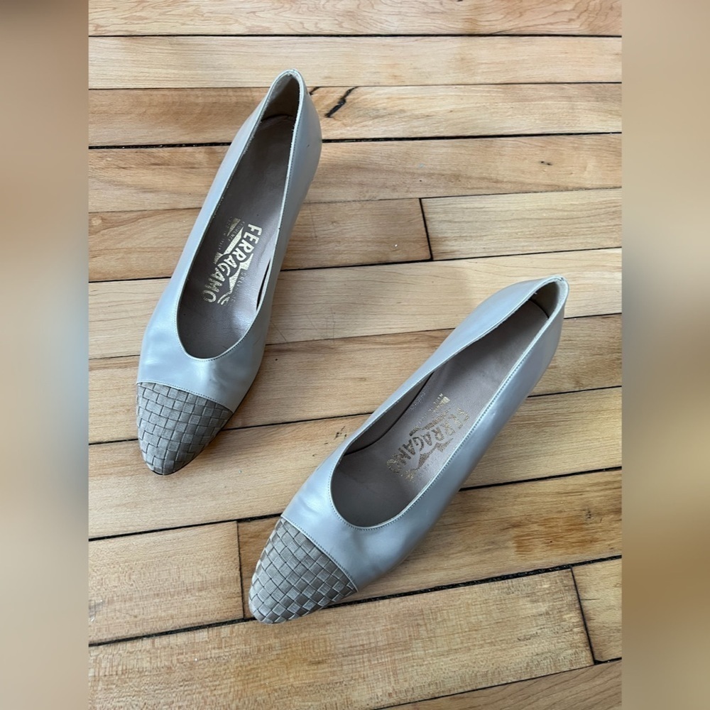 Salvatore Ferragamo Silver and Brown Heels